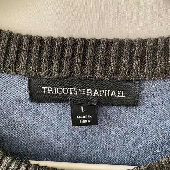 Tricot St. Raphael Mens Blue Black Crew Neck Colorblock Pullover Sweater Size L - Picture 7 of 9